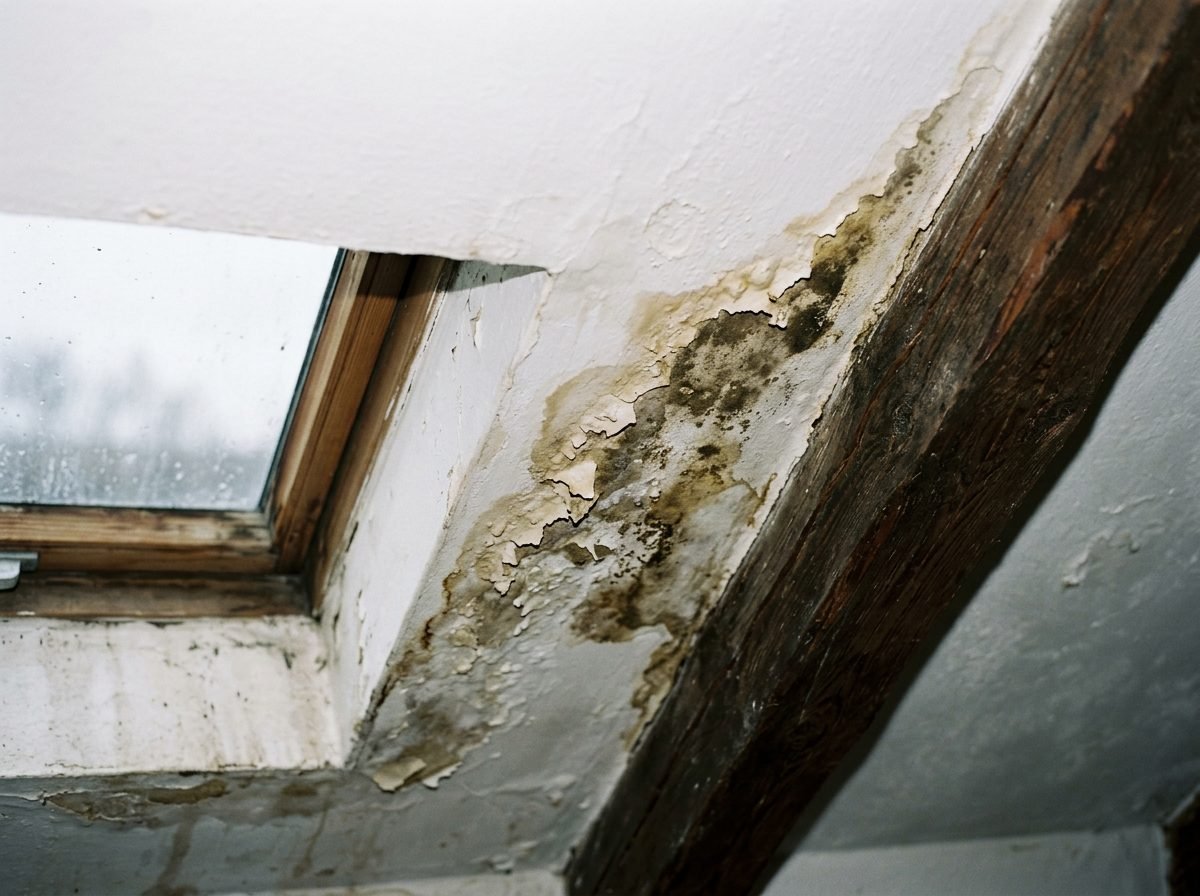 Beázás nyoma egy tetőtéri mennyezeten, a szarufa mellett