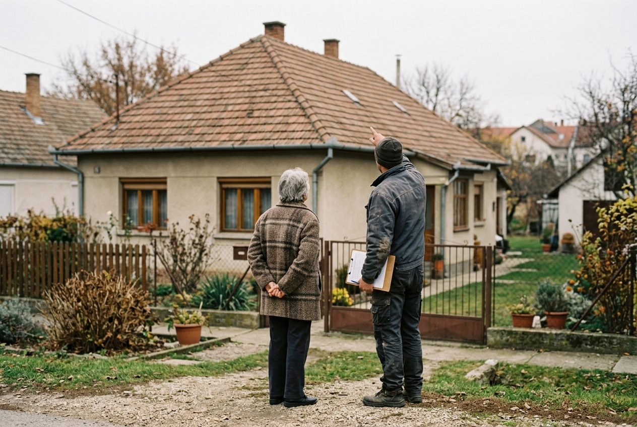 Tetőfedő és a tulajdonos a ház előtt, a tetőt nézik a felmérés során